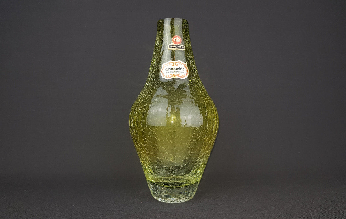 Vintage INGRID GLAS Yellow Glass Vase Craquelee Decor German Design Glass Art 1960 1970s