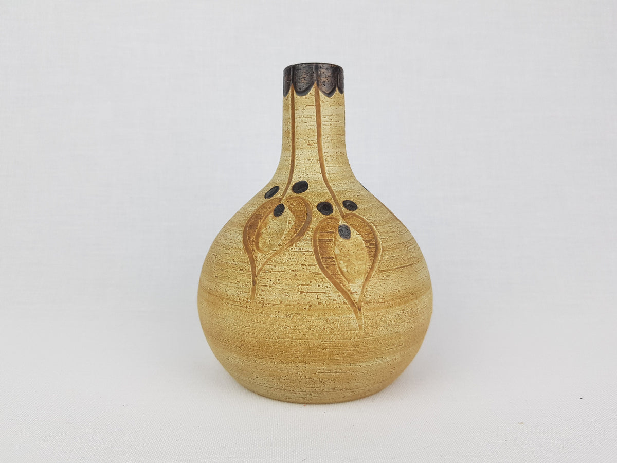 Vintage SGRAFO Beige and Brown Vase with Abstract Flower decor West Germany 1977