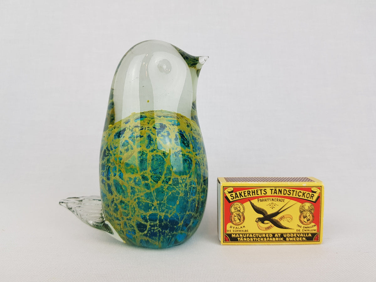 Vintage MDINA Blue, Green and Yellow Glass Bird from Malta 1970s