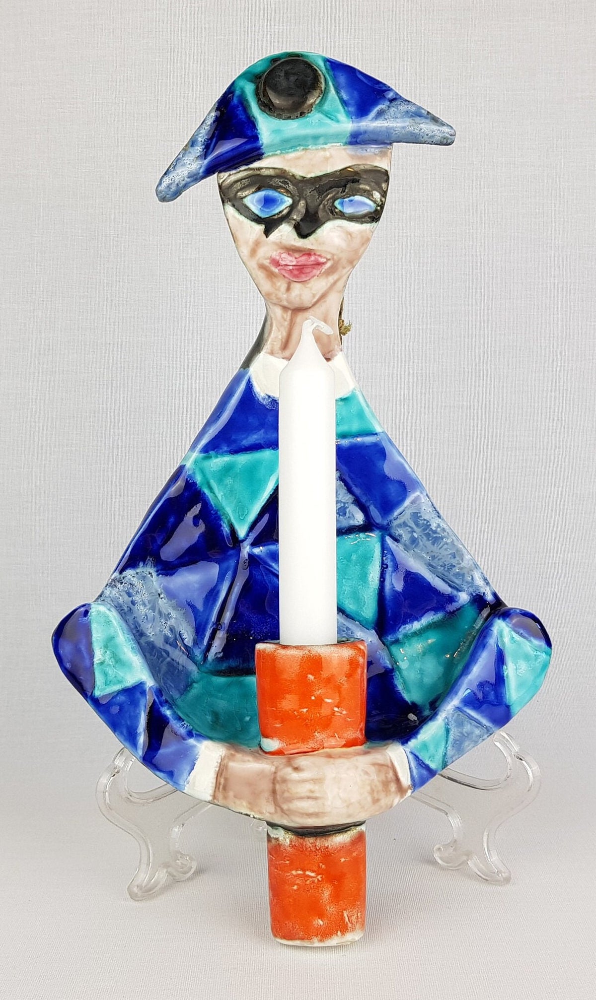 Vintage ELIO SCHIAVON Italian Hand Painted Harlequin Candle Holder or Lamp Italian Pottery 1960s