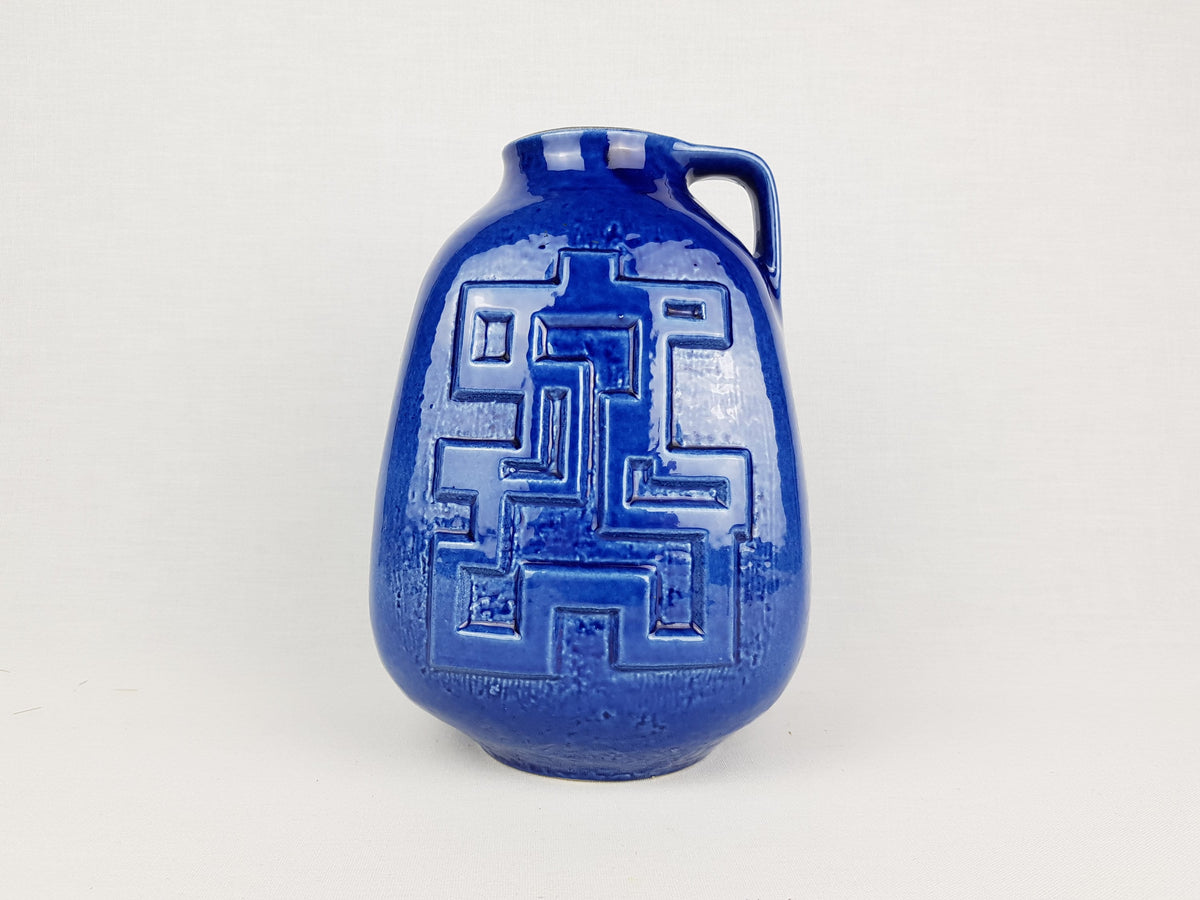 Vintage CARSTENS TÖNNIESHOF Handled Blue Vase with Java Decor 74-21 West German Pottery 1968