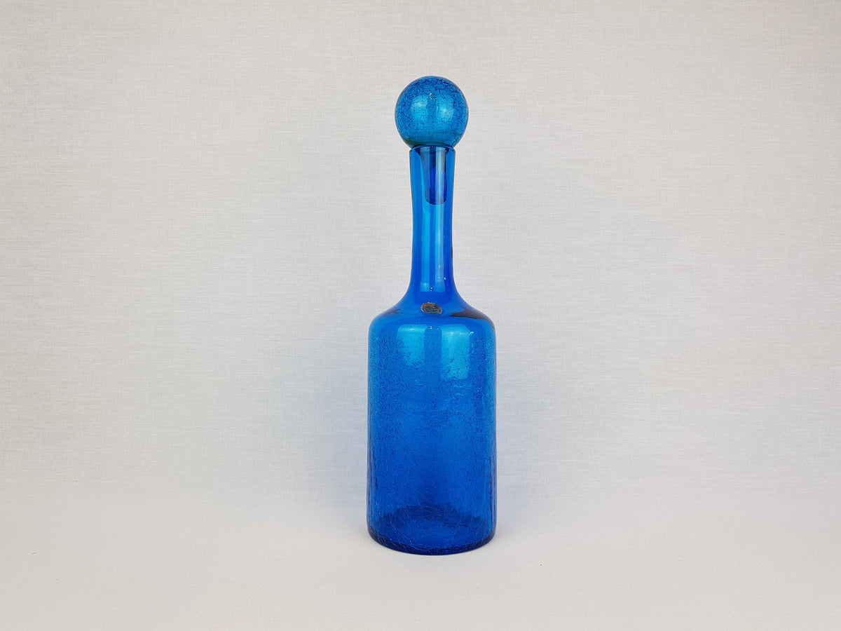 Vintage Italian Blue Crackle Glass Decanter with Ball Stopper from Italy 1970s