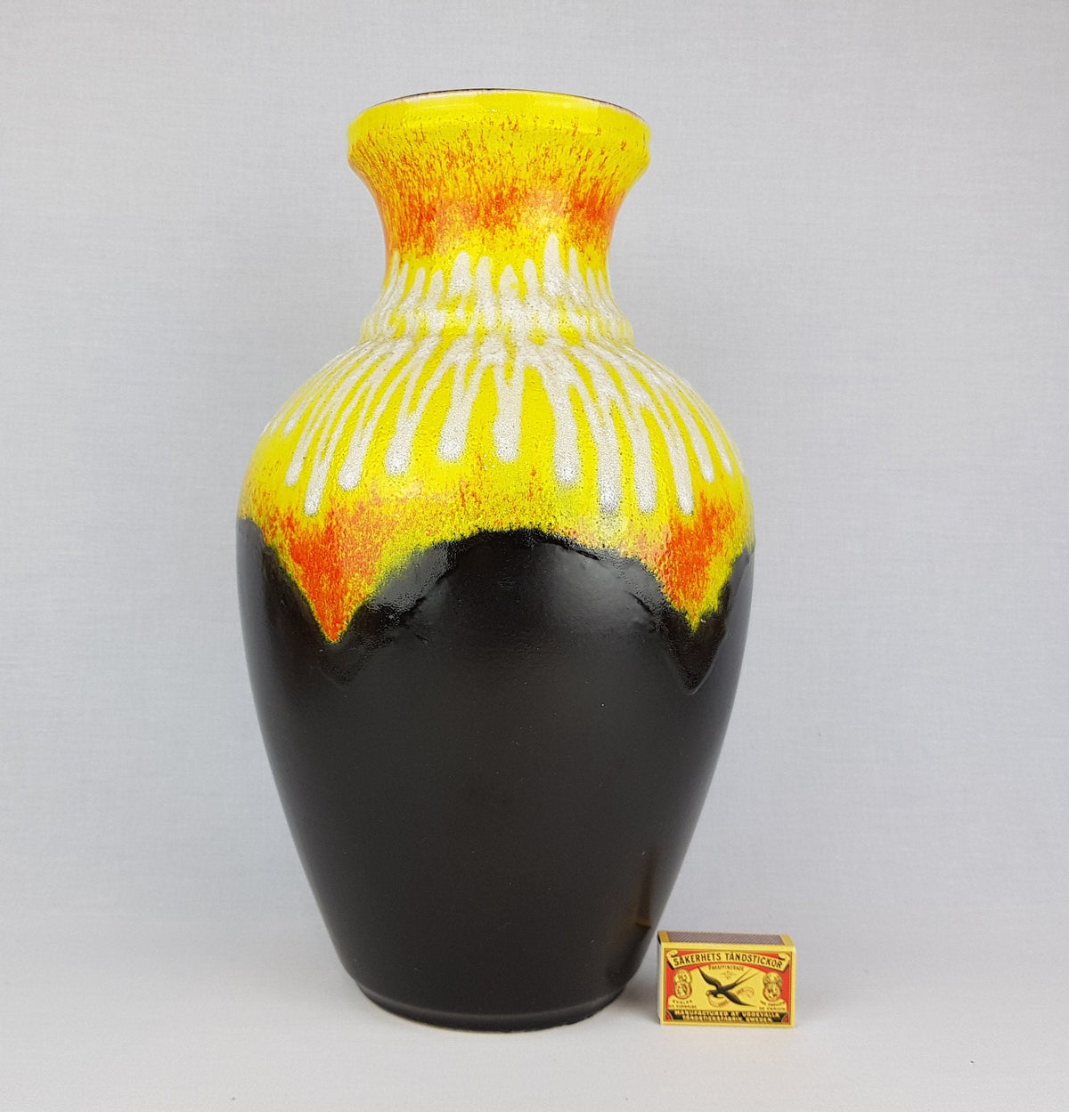 Vintage BAY KERAMIK Brown, Yellow and Orange Vase With White Fat Lava Decor 66 40 West German Pottery 1960s