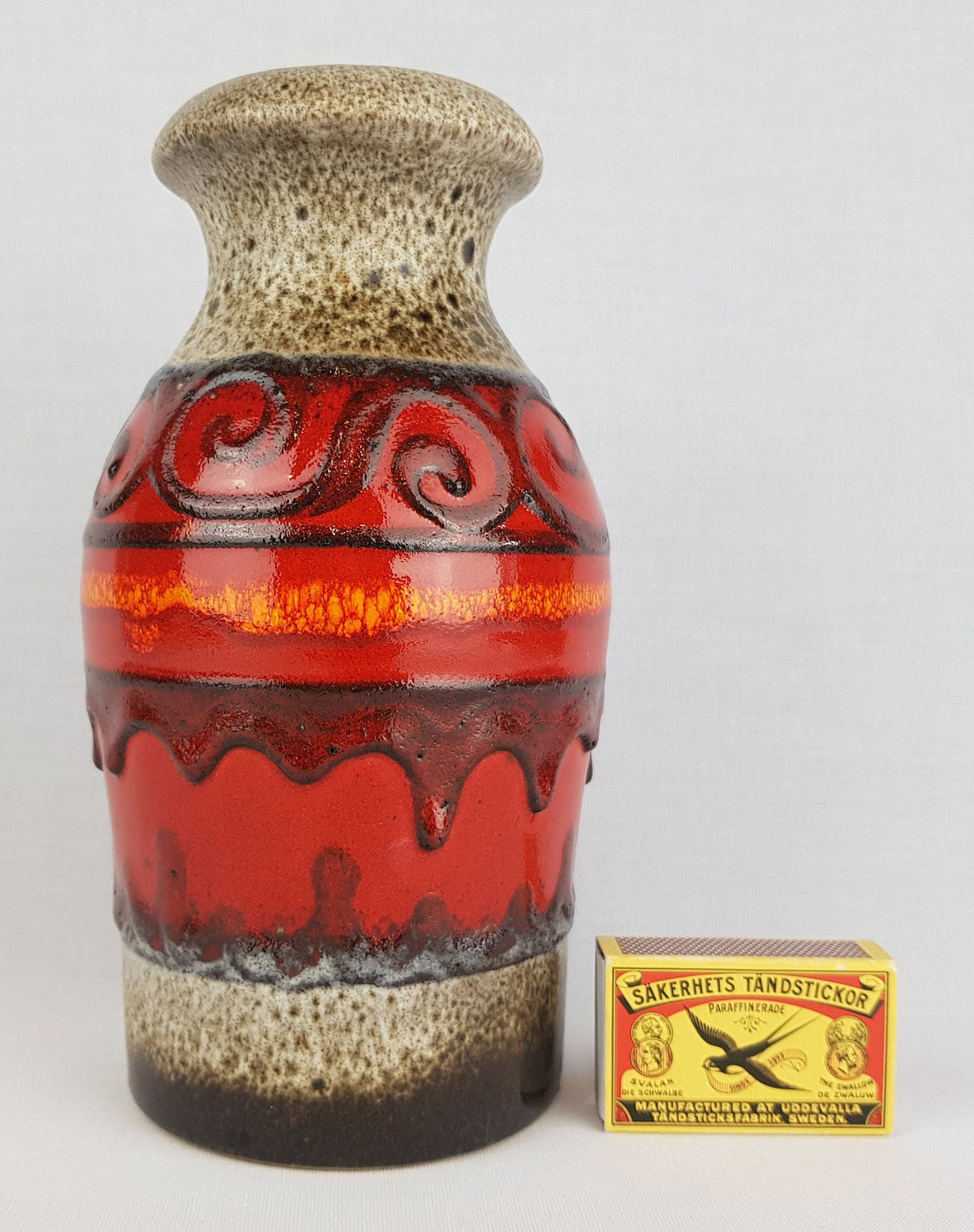 Vintage SCHEURICH KERAMIK Brown Beige Red Fat Lava Vase 208-21 West German Pottery 1970s
