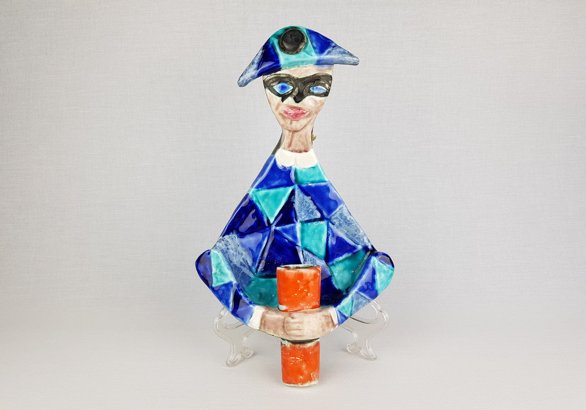 Vintage ELIO SCHIAVON Italian Hand Painted Harlequin Candle Holder or Lamp Italian Pottery 1960s