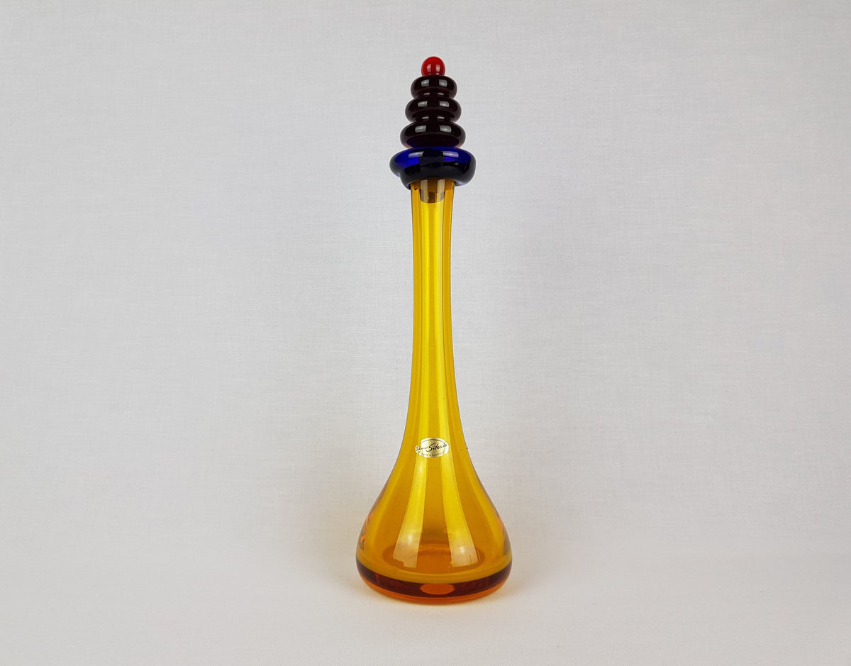 Vintage KASPAR SILESIA Yellow Blue and Red Handblown Art Glass Decanter Germany MCM