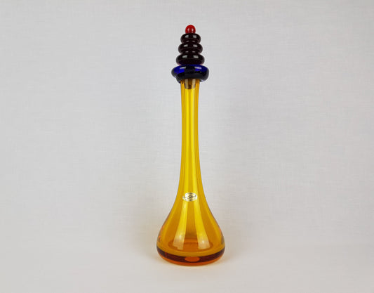 Vintage KASPAR SILESIA Yellow Blue and Red Handblown Art Glass Decanter Germany MCM