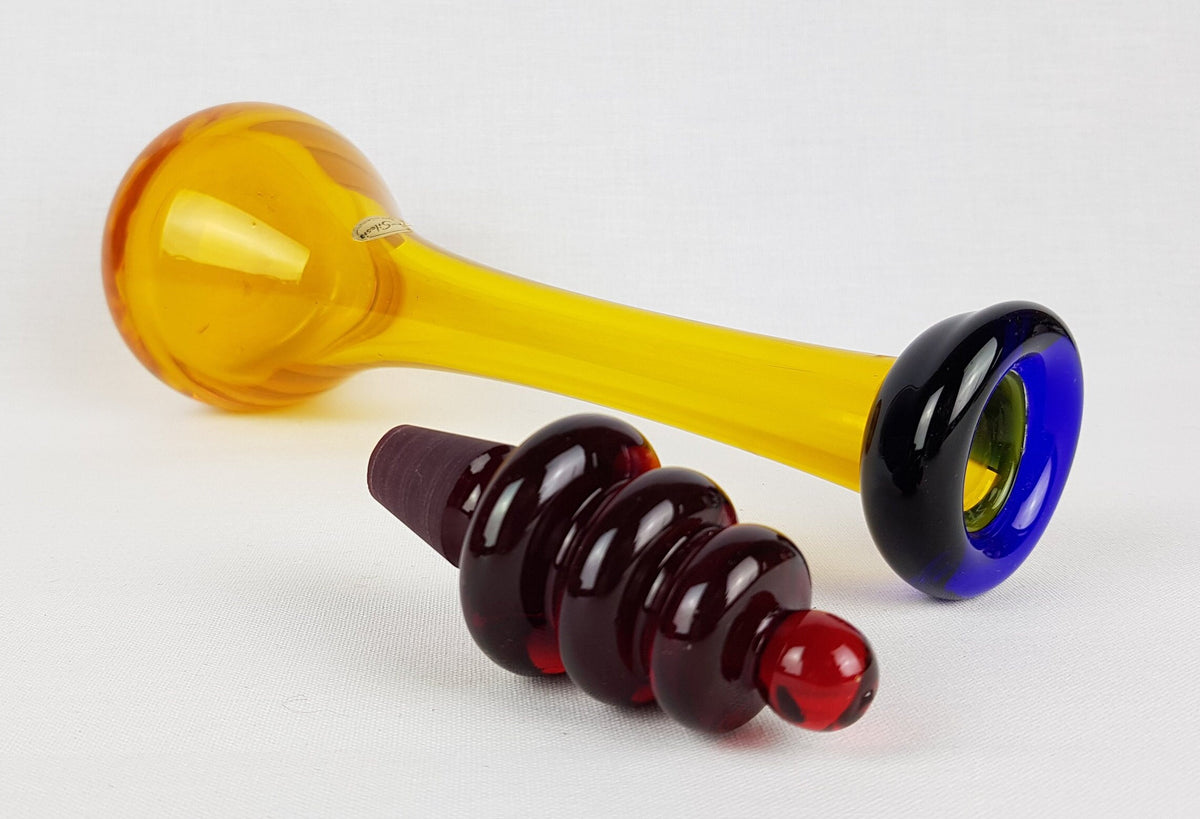 Vintage KASPAR SILESIA Yellow Blue and Red Handblown Art Glass Decanter Germany MCM