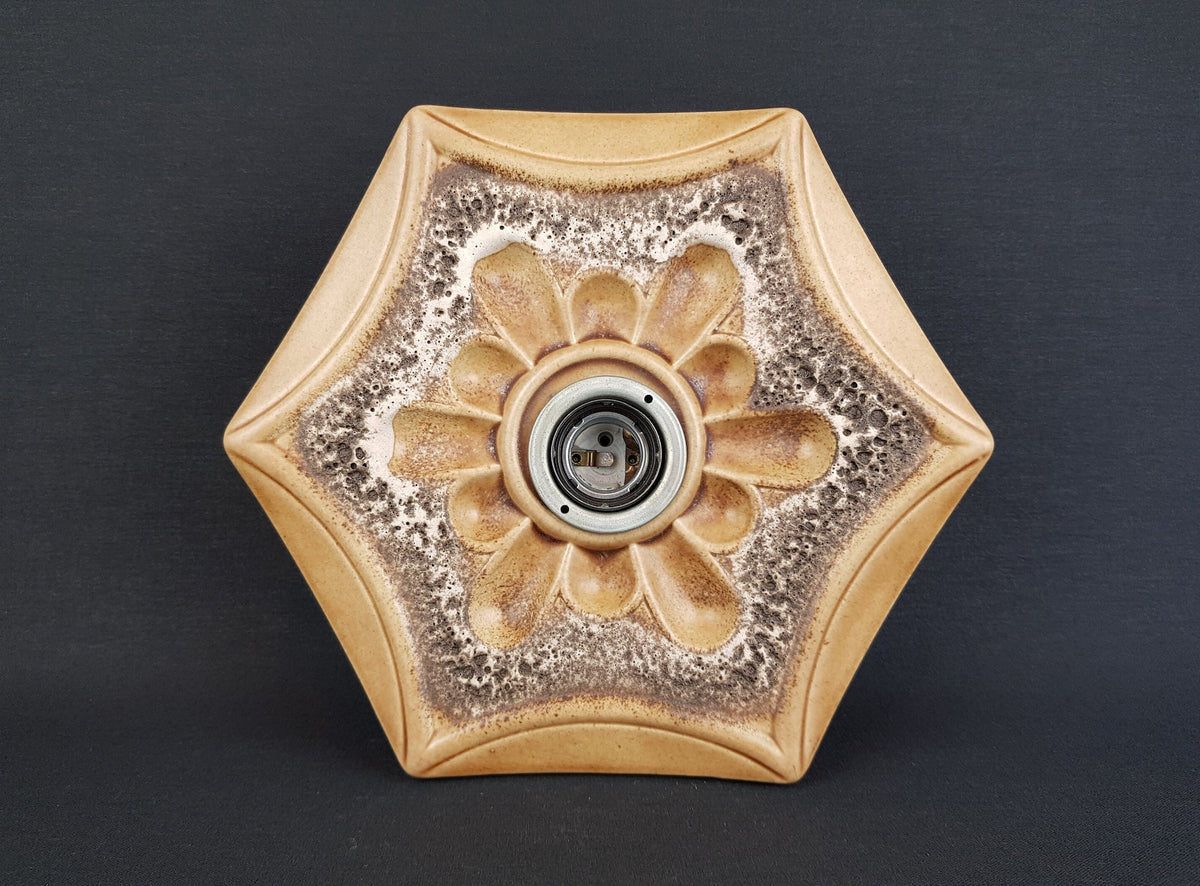 Vintage PAN KERAMIK Beige and Brown Hexagon Wall or Ceiling Lamp Light Sconce West German Pottery 1970s