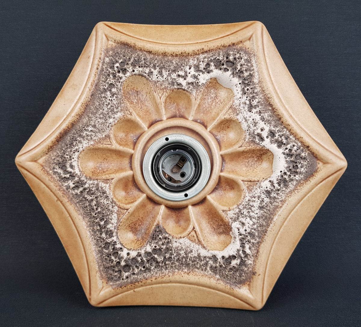 Vintage PAN KERAMIK Beige and Brown Hexagon Wall or Ceiling Lamp Light Sconce West German Pottery 1970s
