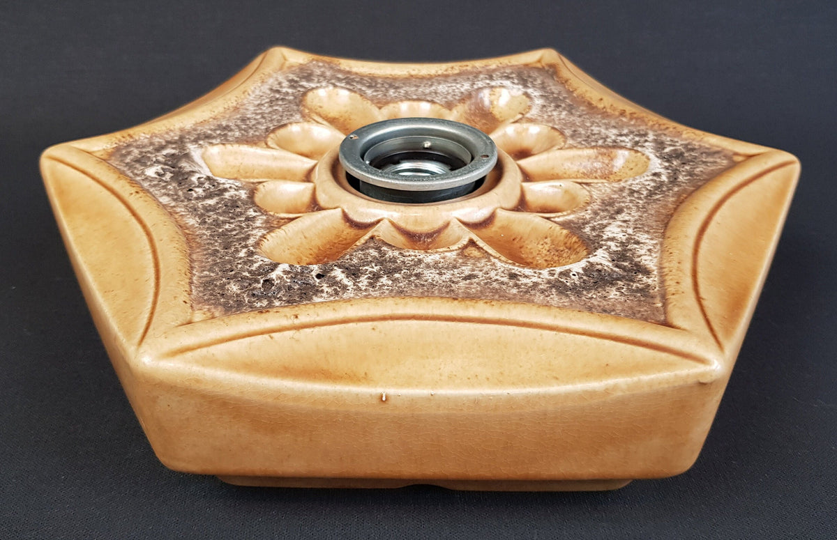 Vintage PAN KERAMIK Beige and Brown Hexagon Wall or Ceiling Lamp Light Sconce West German Pottery 1970s