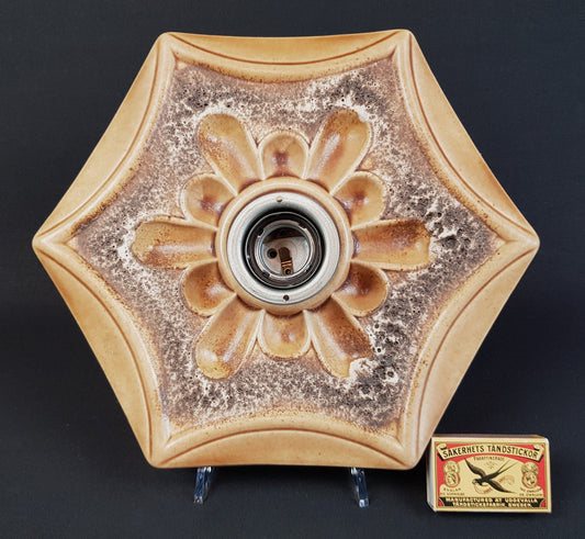 Vintage PAN KERAMIK Beige and Brown Hexagon Wall or Ceiling Lamp Light Sconce West German Pottery 1970s