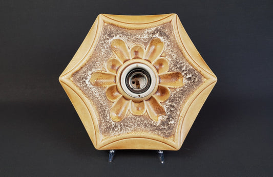 Vintage PAN KERAMIK Beige and Brown Hexagon Wall or Ceiling Lamp Light Sconce West German Pottery 1970s