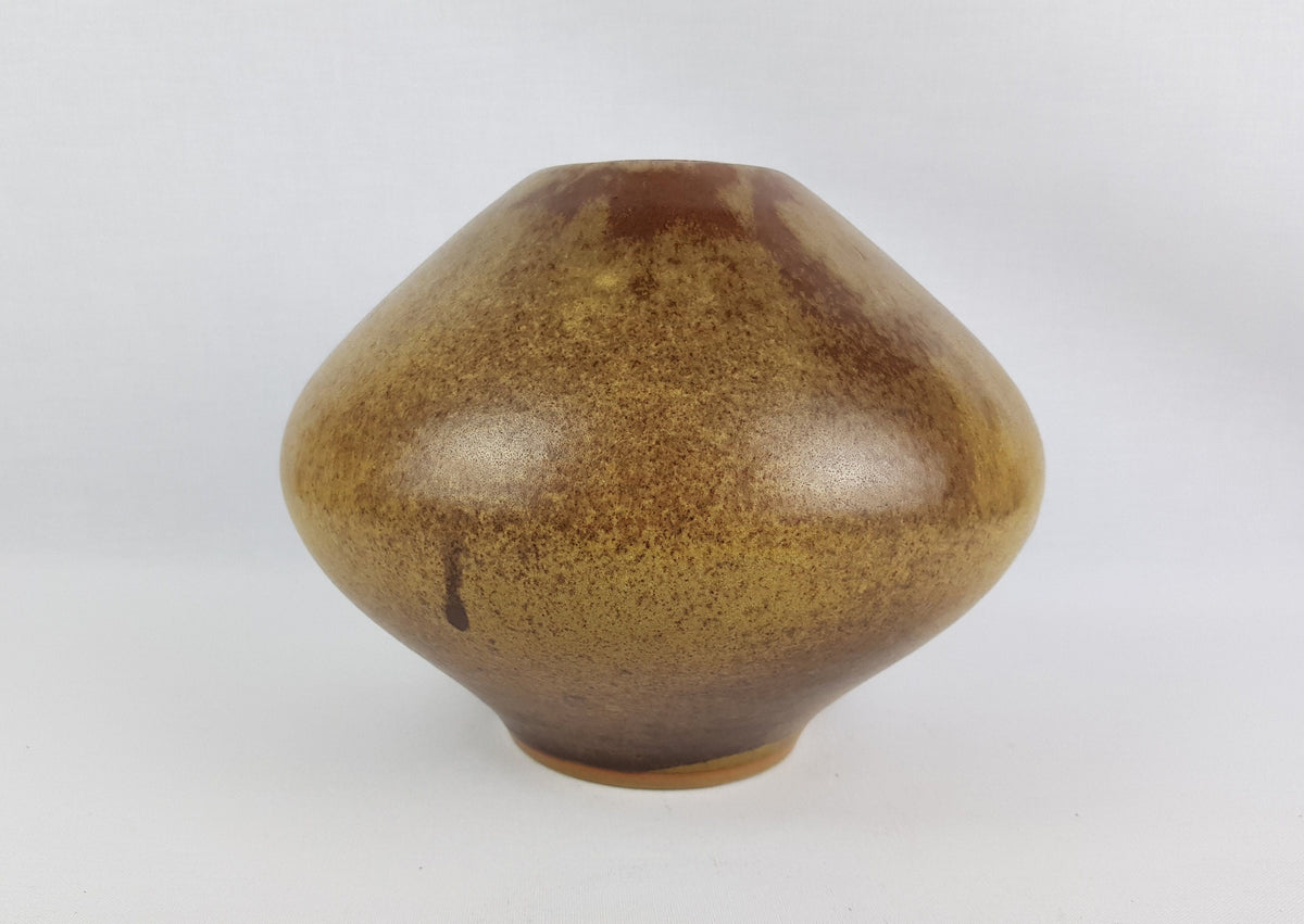 Vintage Studio Art Pottery Vase by Fritz Vehring – UFO Shape – Brown with Yellow Accents – 1950s/1960s