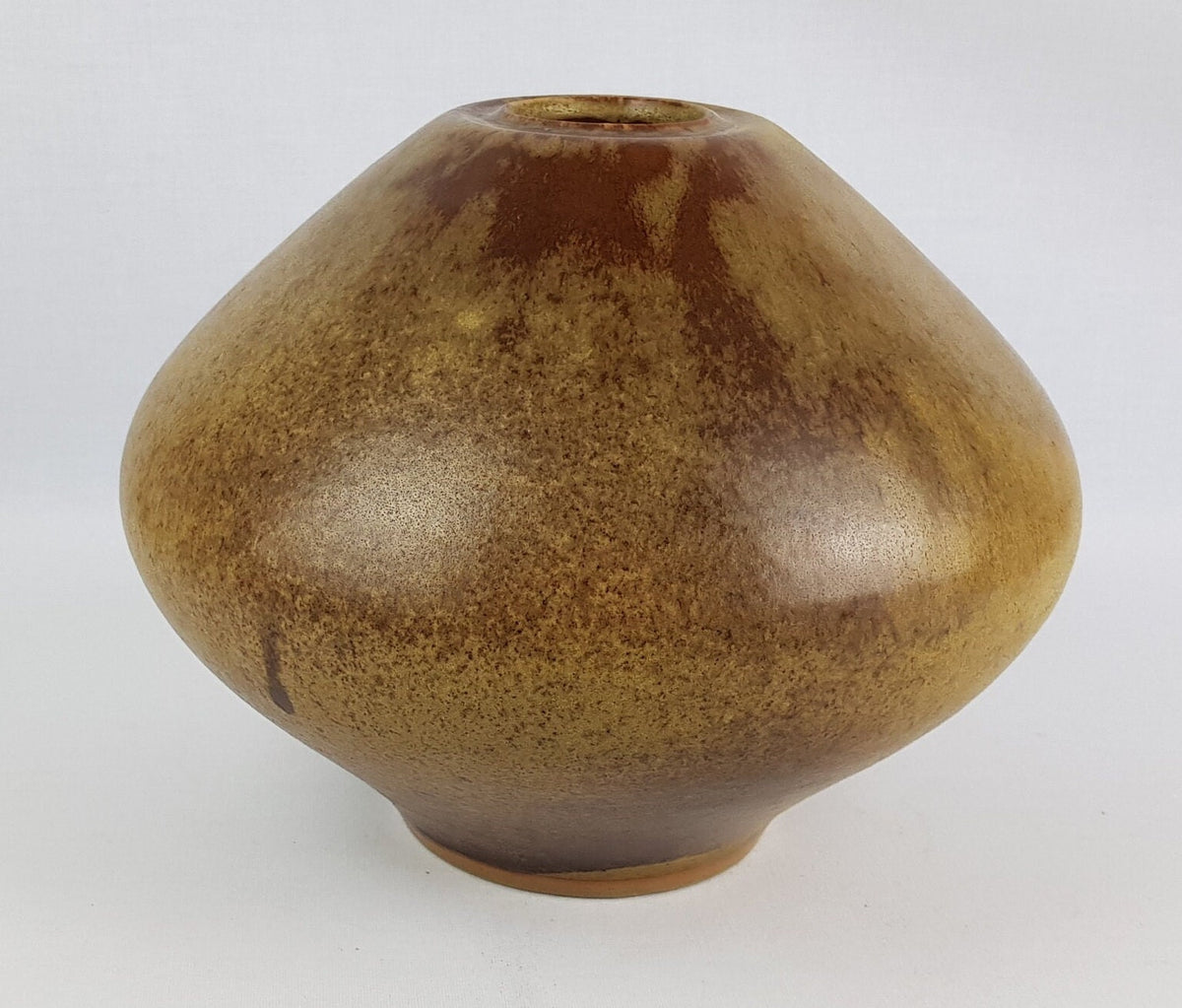Vintage Studio Art Pottery Vase by Fritz Vehring – UFO Shape – Brown with Yellow Accents – 1950s/1960s