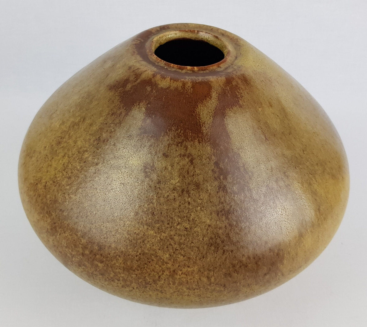 Vintage Studio Art Pottery Vase by Fritz Vehring – UFO Shape – Brown with Yellow Accents – 1950s/1960s