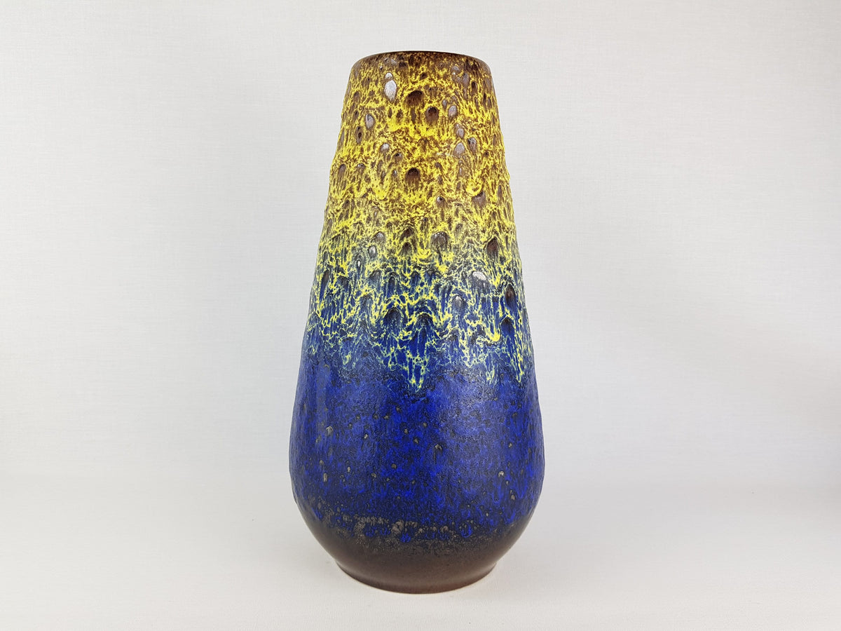 Large Vintage STEULER KERAMIK Blue Vase With Yellow Fat Lava Glaze 4373/3 West German Pottery 1960s