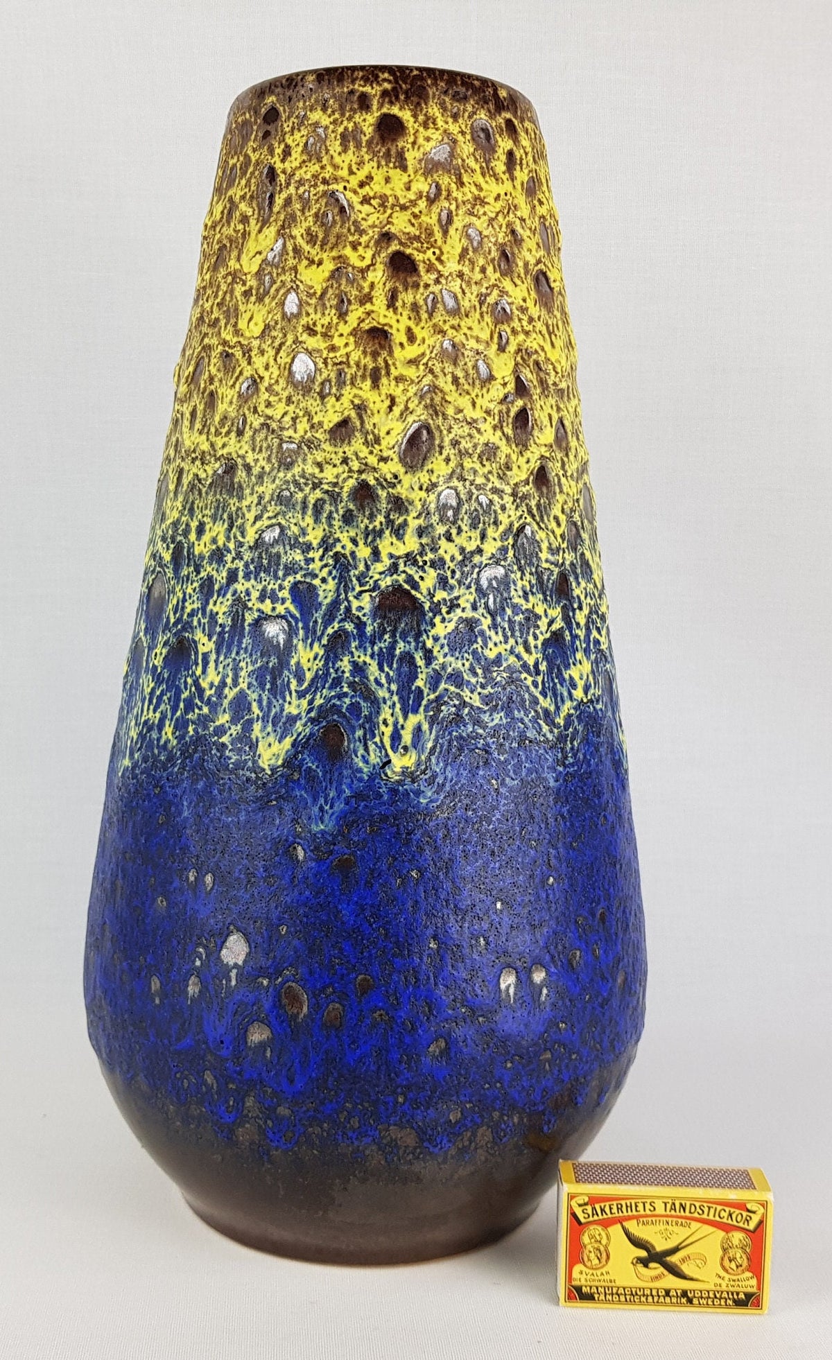 Large Vintage STEULER KERAMIK Blue Vase With Yellow Fat Lava Glaze 4373/3 West German Pottery 1960s