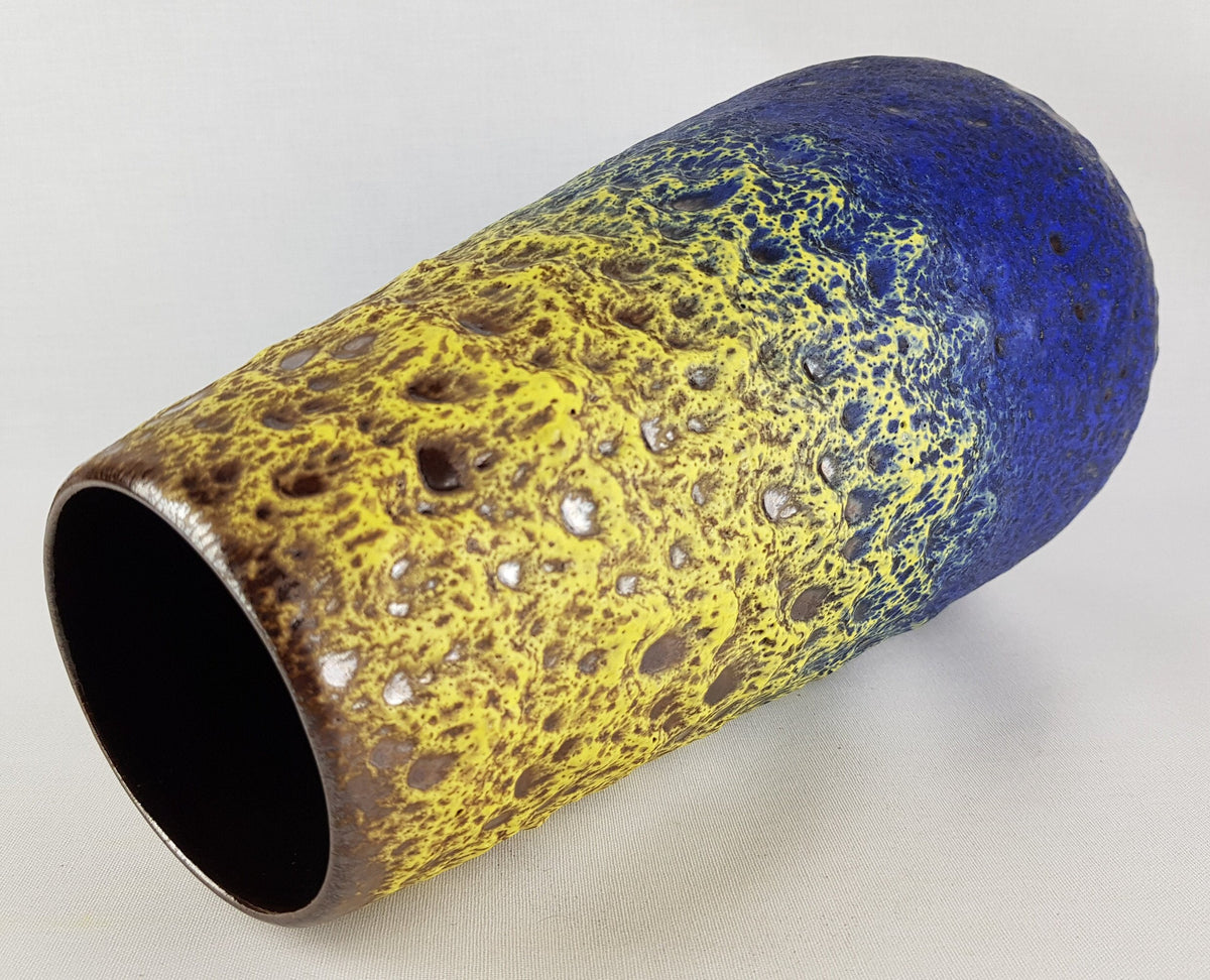 Large Vintage STEULER KERAMIK Blue Vase With Yellow Fat Lava Glaze 4373/3 West German Pottery 1960s