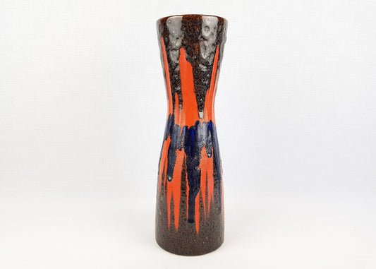 Vintage SCHEURICH KERAMIK Brown, Orange and Blue Diabolo Vase 520-28 West German Pottery Fat Lava Era 1970s