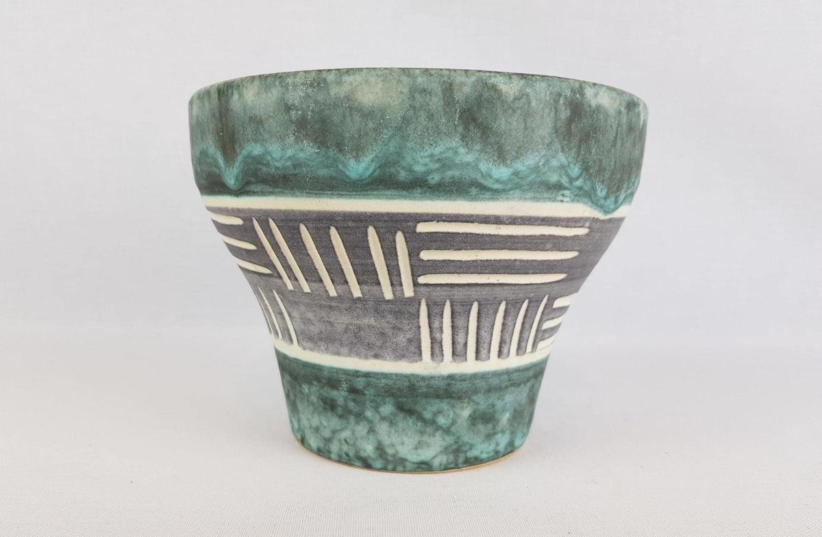 Vintage West German Pottery Green, White and Gray Planter Flower Pot West German Pottery 1960-70