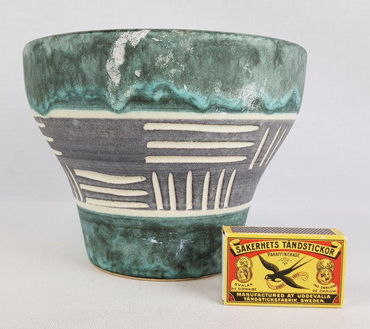 Vintage West German Pottery Green, White and Gray Planter Flower Pot West German Pottery 1960-70