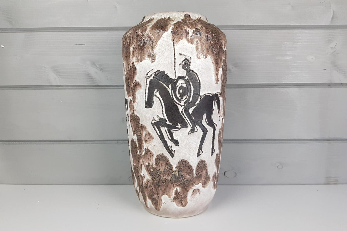 Vintage SCHEURICH KERAMIK Brown Fat Lava Vase With Horse Decor 517 38 West Geman Pottery 1970s
