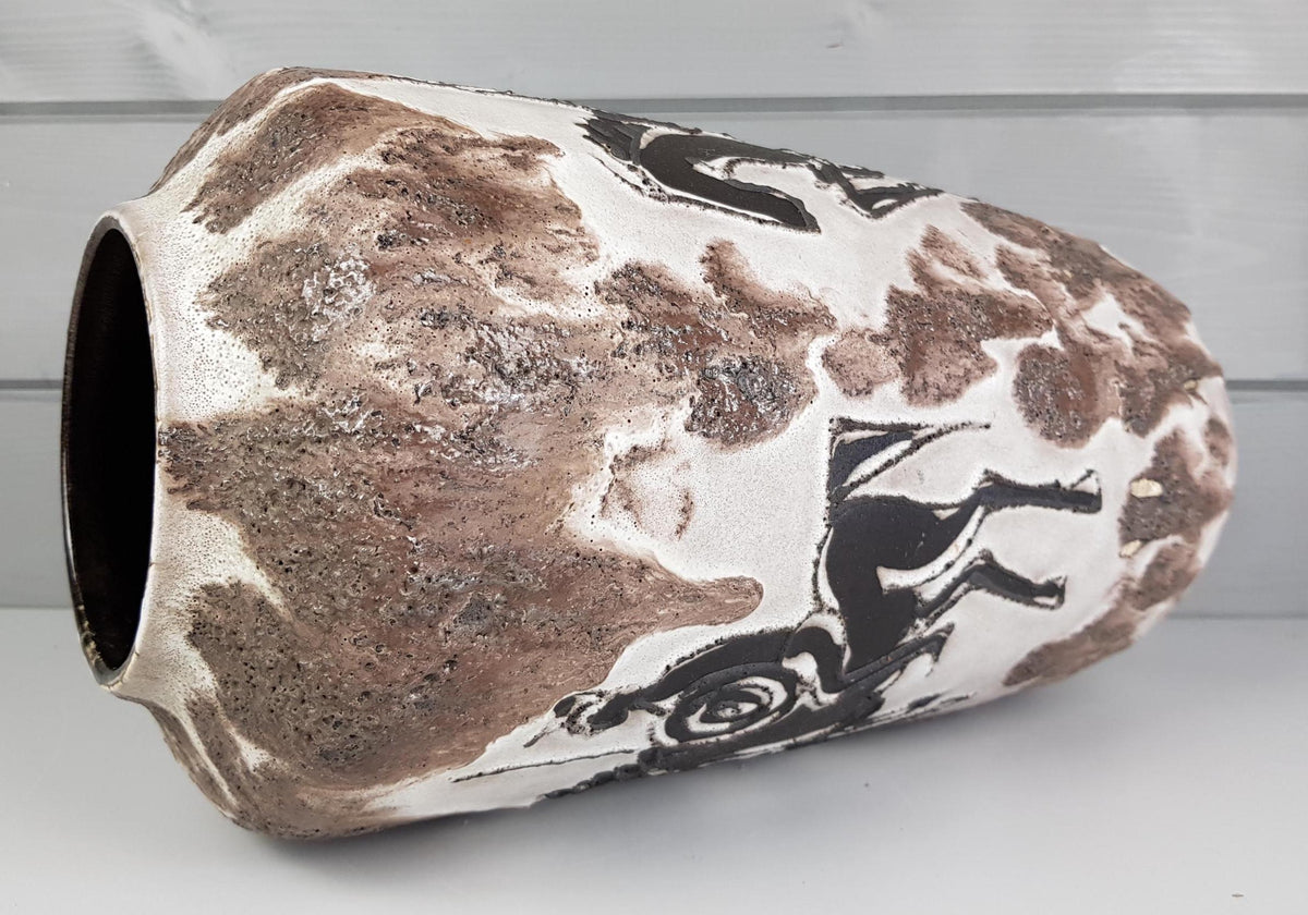 Vintage SCHEURICH KERAMIK Brown Fat Lava Vase With Horse Decor 517 38 West Geman Pottery 1970s