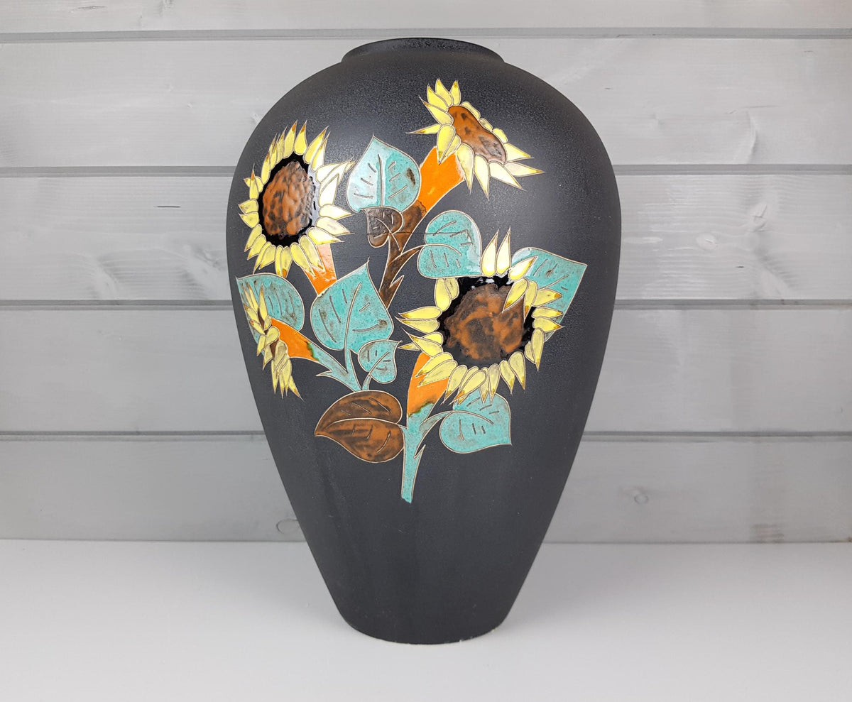 Vintage RUSCHA KERAMIK 849/3 Floor Vase with Sun Flower Decor West German Pottery 1950s