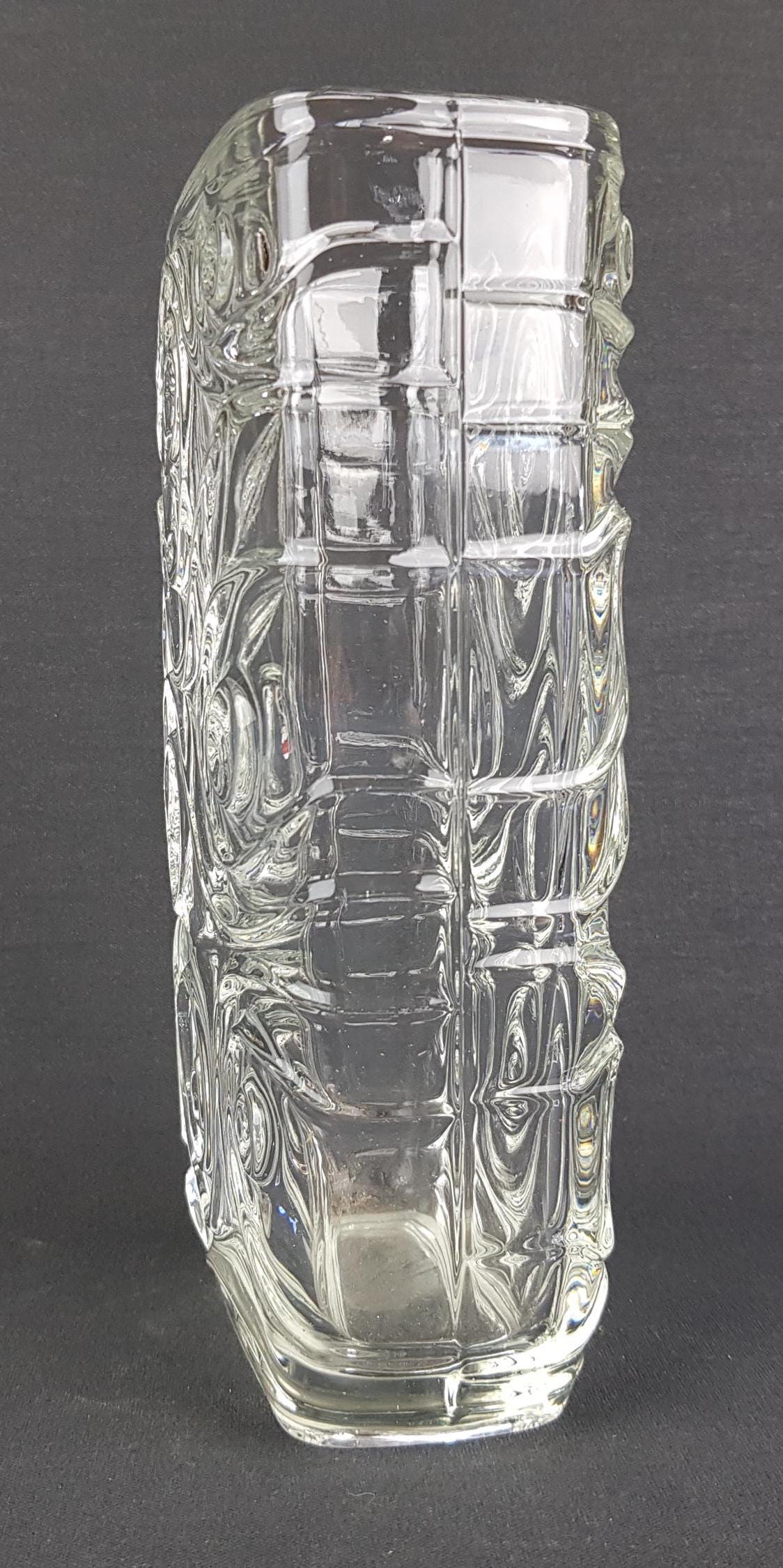 Rare Vintage HERMANOVA HUT Clear Glass Vase With Woodgrain Pattern by Frantisek Peceny SKLO Union from Czech Republic 1968s