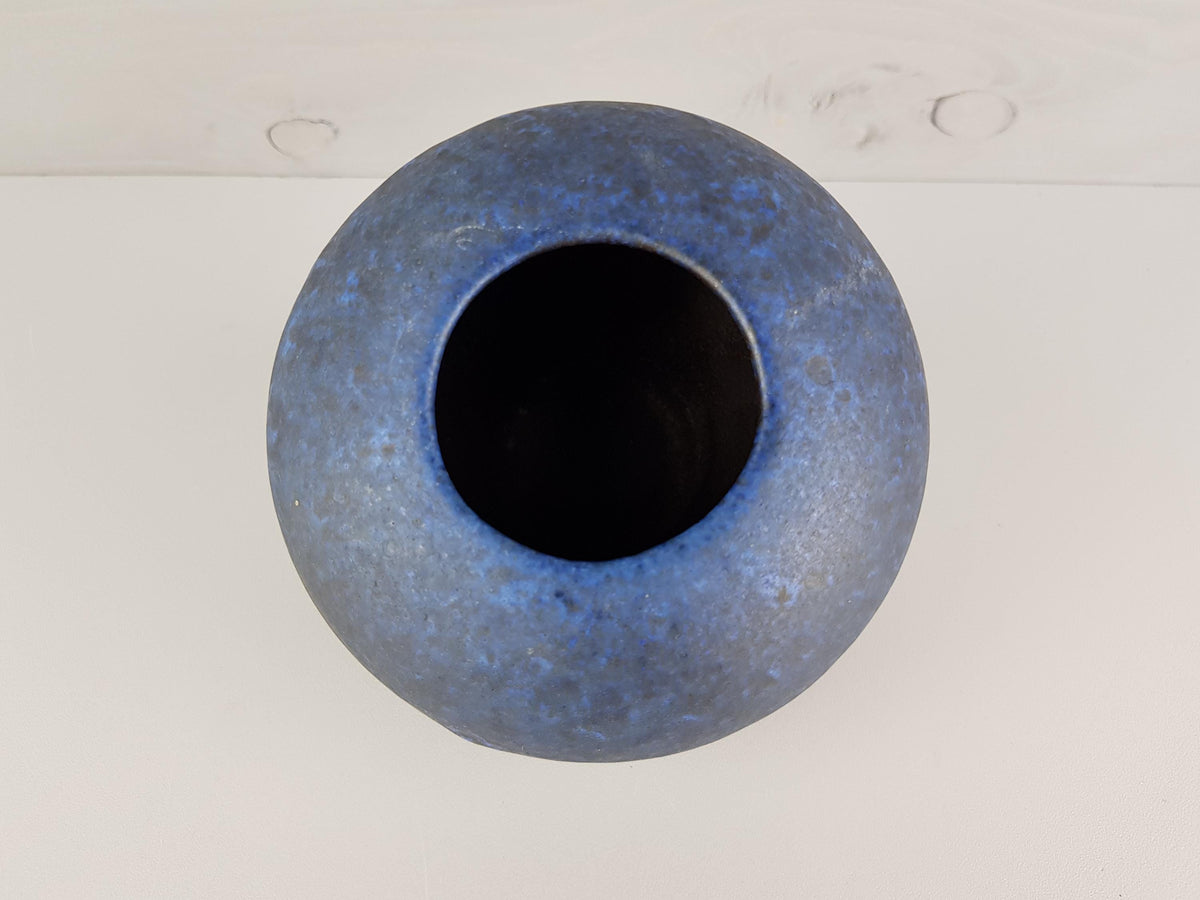 Vintage RUSCHA KERAMIK Ball Vase with Matt Blue Black Decor, West German Pottery 1970s
