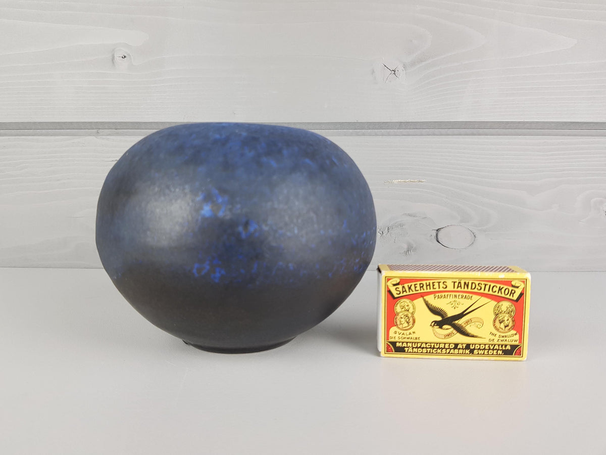 Vintage RUSCHA KERAMIK Ball Vase with Matt Blue Black Decor, West German Pottery 1970s