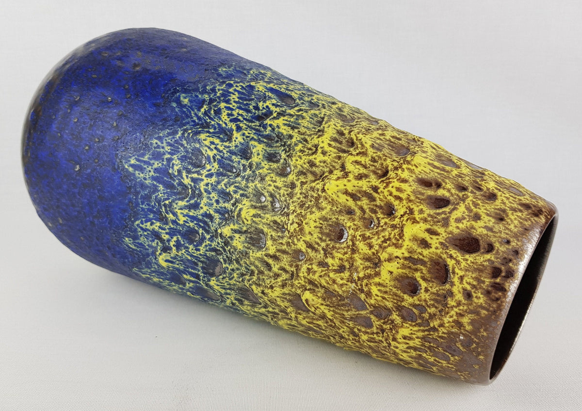 Large Vintage STEULER KERAMIK Blue Vase With Yellow Fat Lava Glaze 4373/3 West German Pottery 1960s
