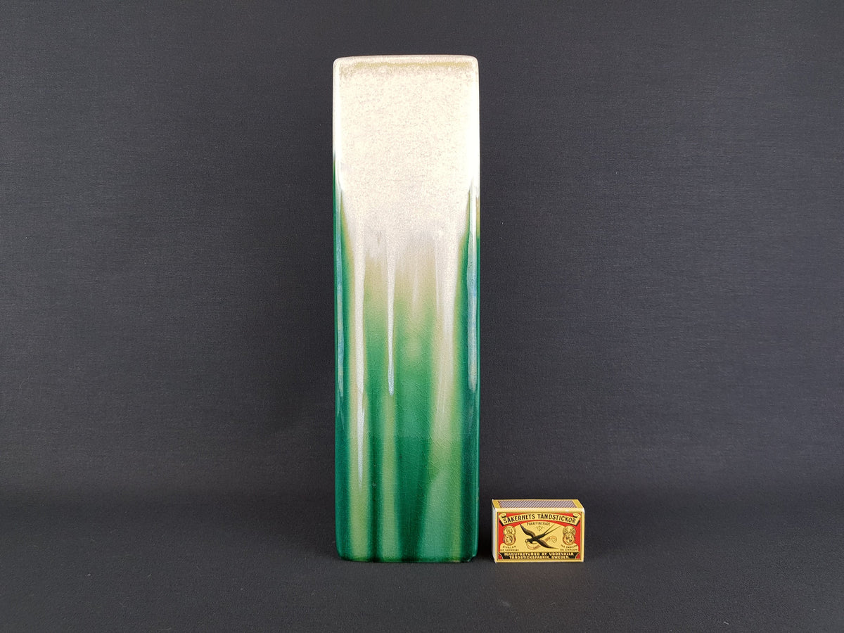 Vintage White Green Shaded Vase Rectangular West German Pottery Style