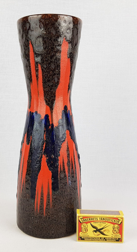 Vintage SCHEURICH KERAMIK Brown, Orange and Blue Diabolo Vase 520-28 West German Pottery Fat Lava Era 1970s