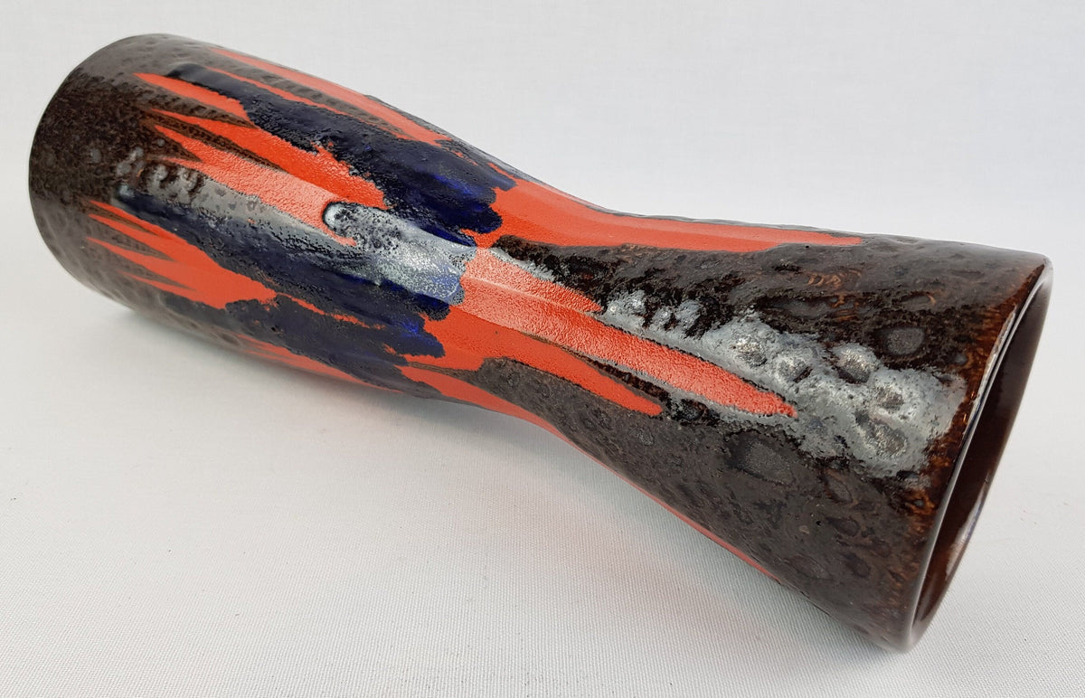 Vintage SCHEURICH KERAMIK Brown, Orange and Blue Diabolo Vase 520-28 West German Pottery Fat Lava Era 1970s