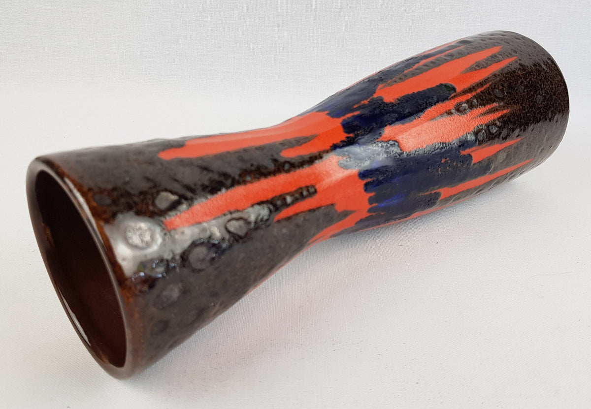 Vintage SCHEURICH KERAMIK Brown, Orange and Blue Diabolo Vase 520-28 West German Pottery Fat Lava Era 1970s