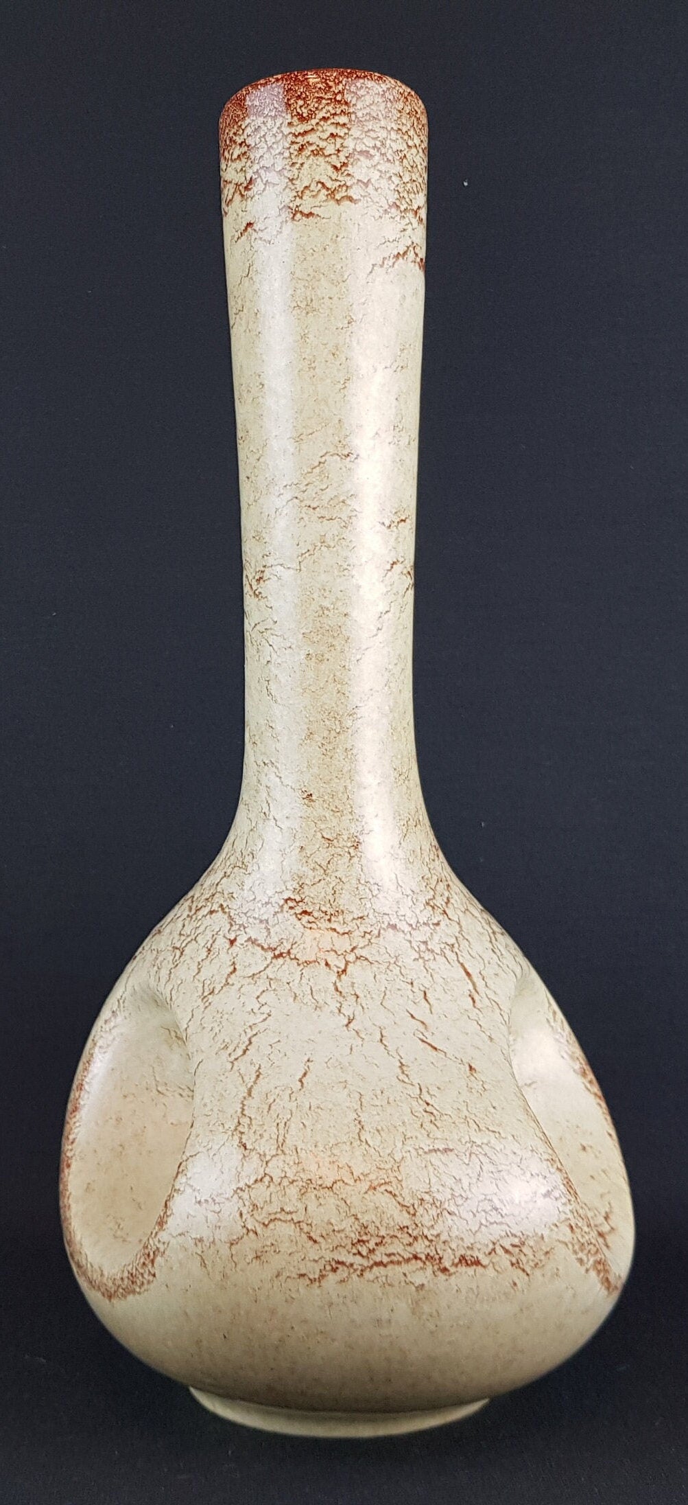Vintage BERTONCELLO Long Neck Vase with Screziato Havana Glaze Italian Pottery 1970s