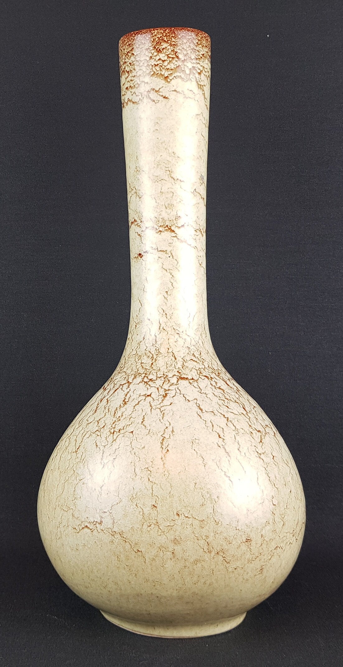 Vintage BERTONCELLO Long Neck Vase with Screziato Havana Glaze Italian Pottery 1970s