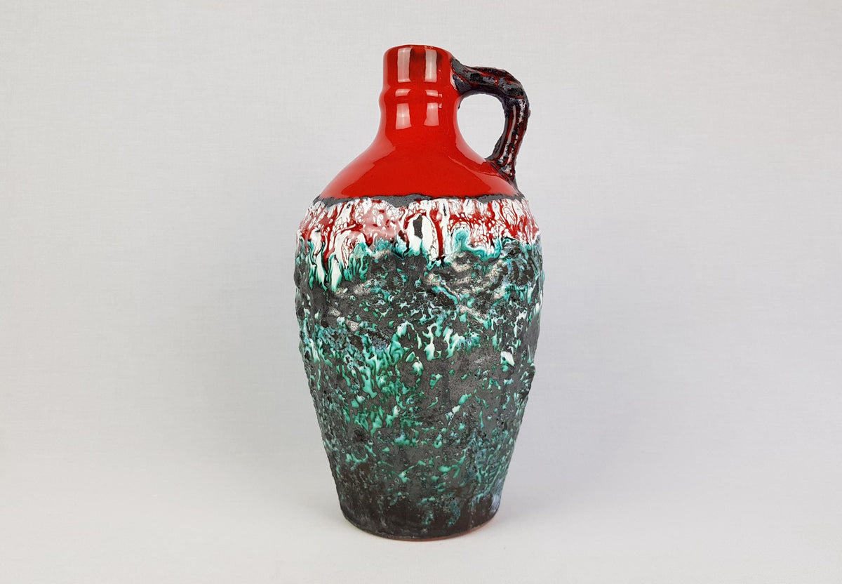 Vintage MAREI KERAMIK Red Jug Vase With Green Fat Lava Decor West German Pottery 1970s