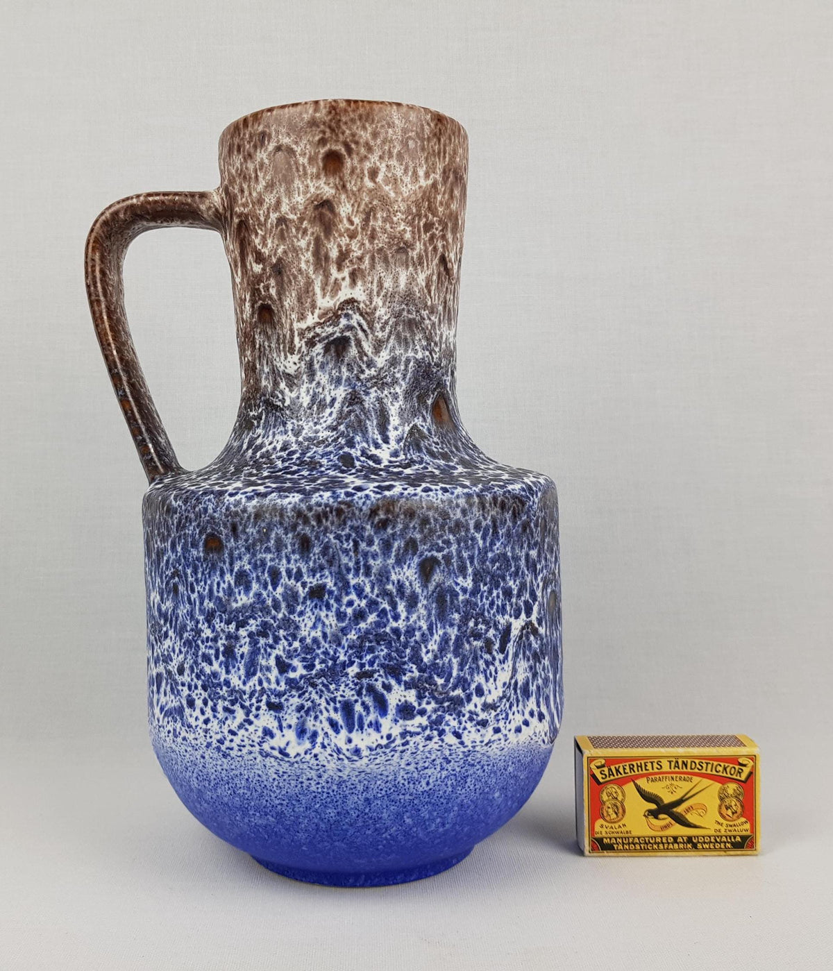 Vintage STEULER KERAMIK Handled Blue Brown Vase With White Fat Lava 141-25 West German Pottery 1970s