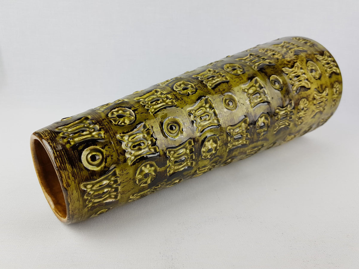 Vintage SPARA KERAMIK Olive Green Vase with Relief Decor Design By Halidan Kutlu 624-36 West German Pottery 1970s
