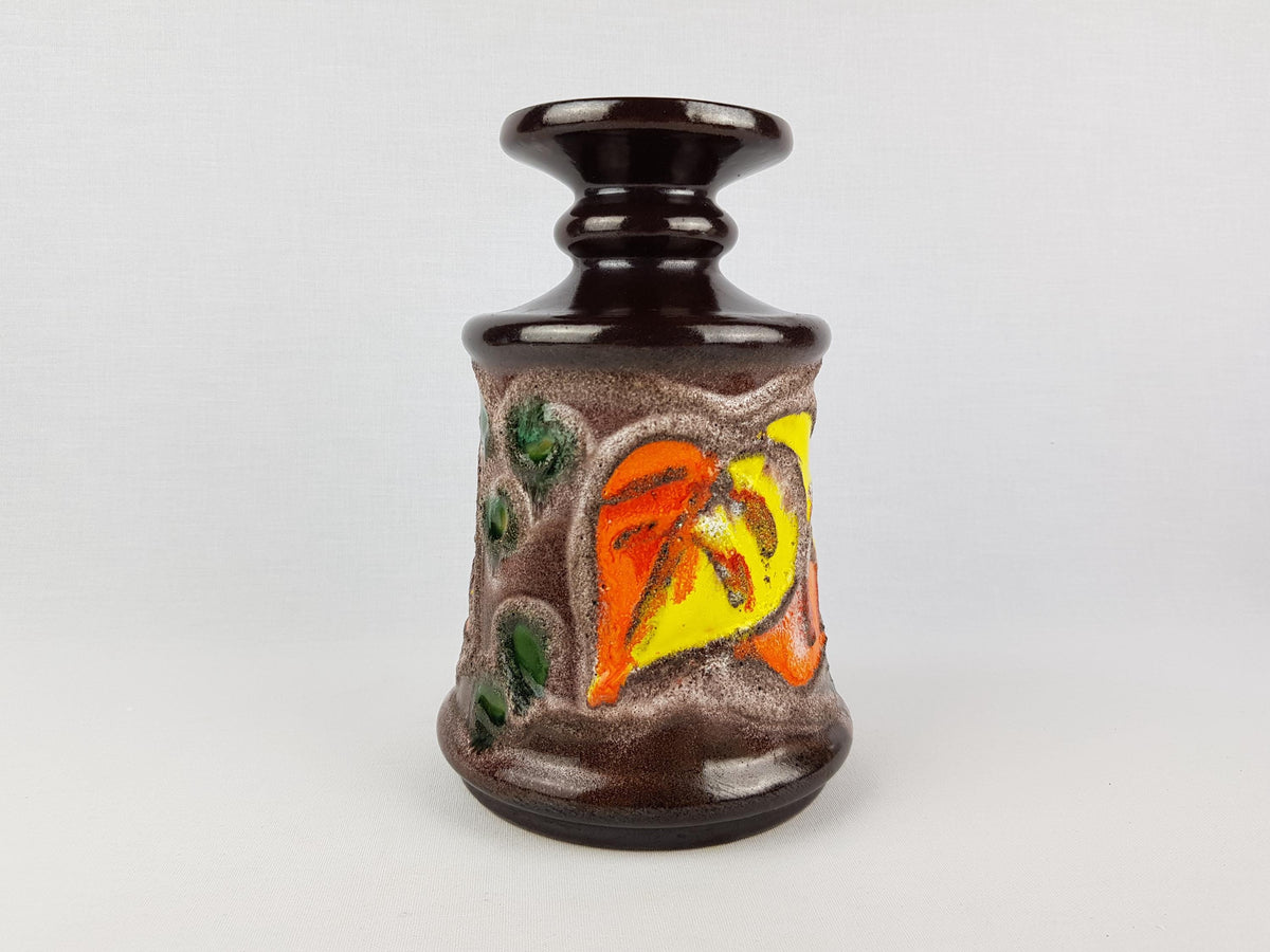 Vintage VEB STREHLA Brown Vase with Leaf Decor 1268-0 East German DDR Pottery 1960s