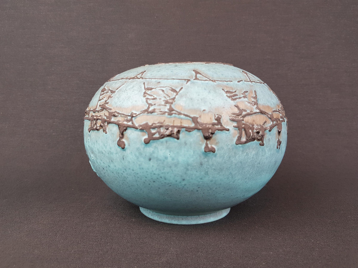 Vintage RUSCHA KERAMIK Matte Blue Ball Vase With Grey Relief Decor 820-2 West German Pottery Fat Lava Era 1970s