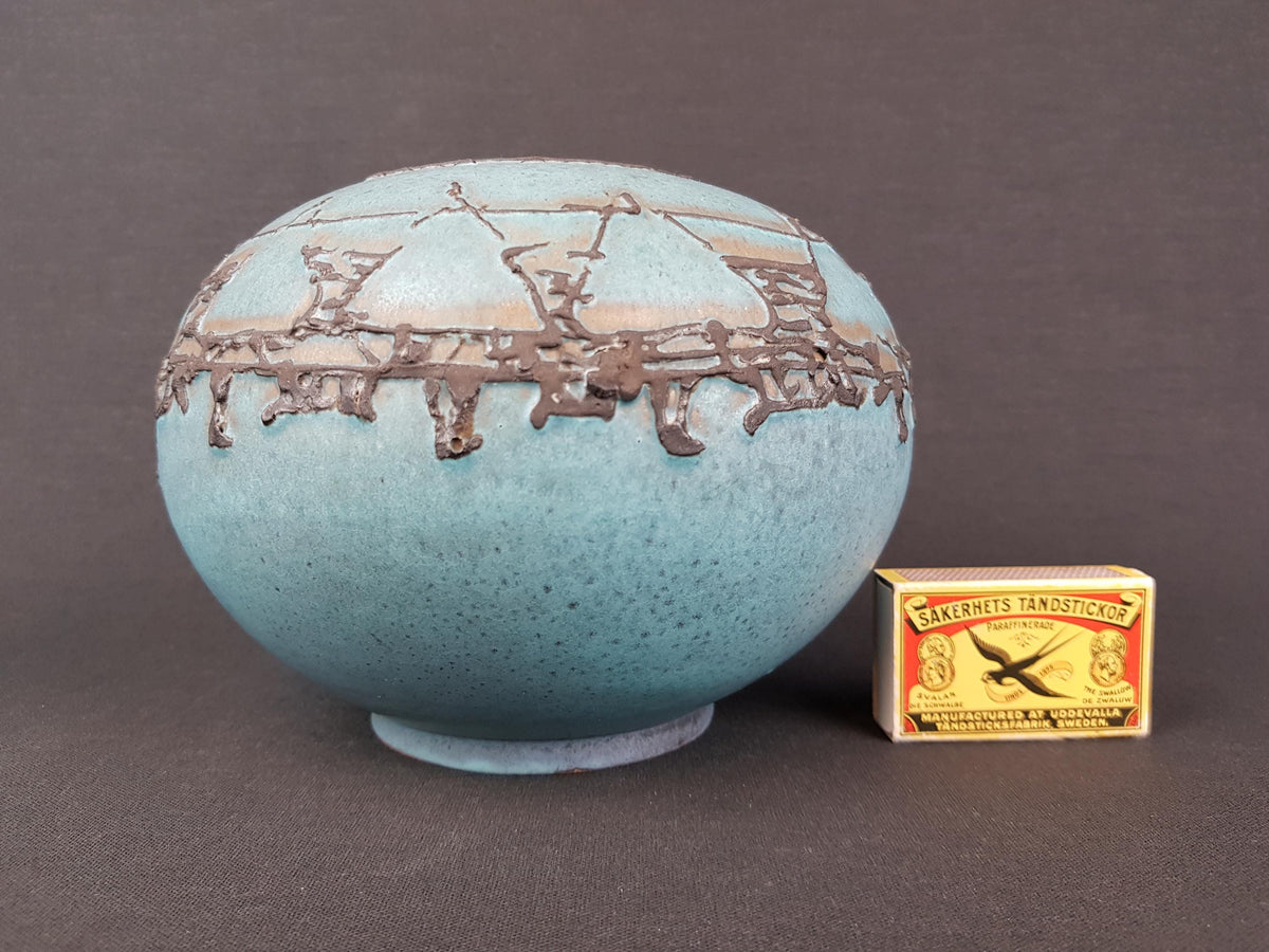 Vintage RUSCHA KERAMIK Matte Blue Ball Vase With Grey Relief Decor 820-2 West German Pottery Fat Lava Era 1970s