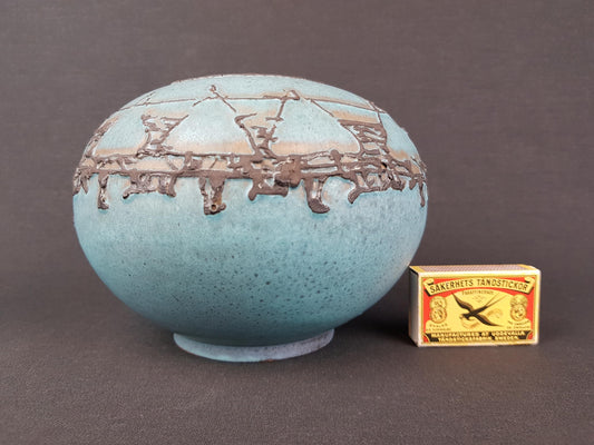Vintage RUSCHA KERAMIK Matte Blue Ball Vase With Grey Relief Decor 820-2 West German Pottery Fat Lava Era 1970s