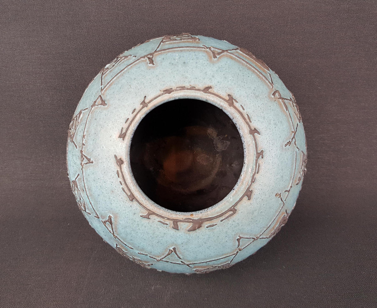 Vintage RUSCHA KERAMIK Matte Blue Ball Vase With Grey Relief Decor 820-2 West German Pottery Fat Lava Era 1970s