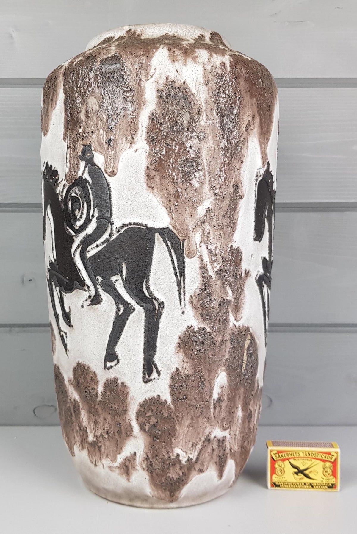 Vintage SCHEURICH KERAMIK Brown Fat Lava Vase With Horse Decor 517 38 West Geman Pottery 1970s