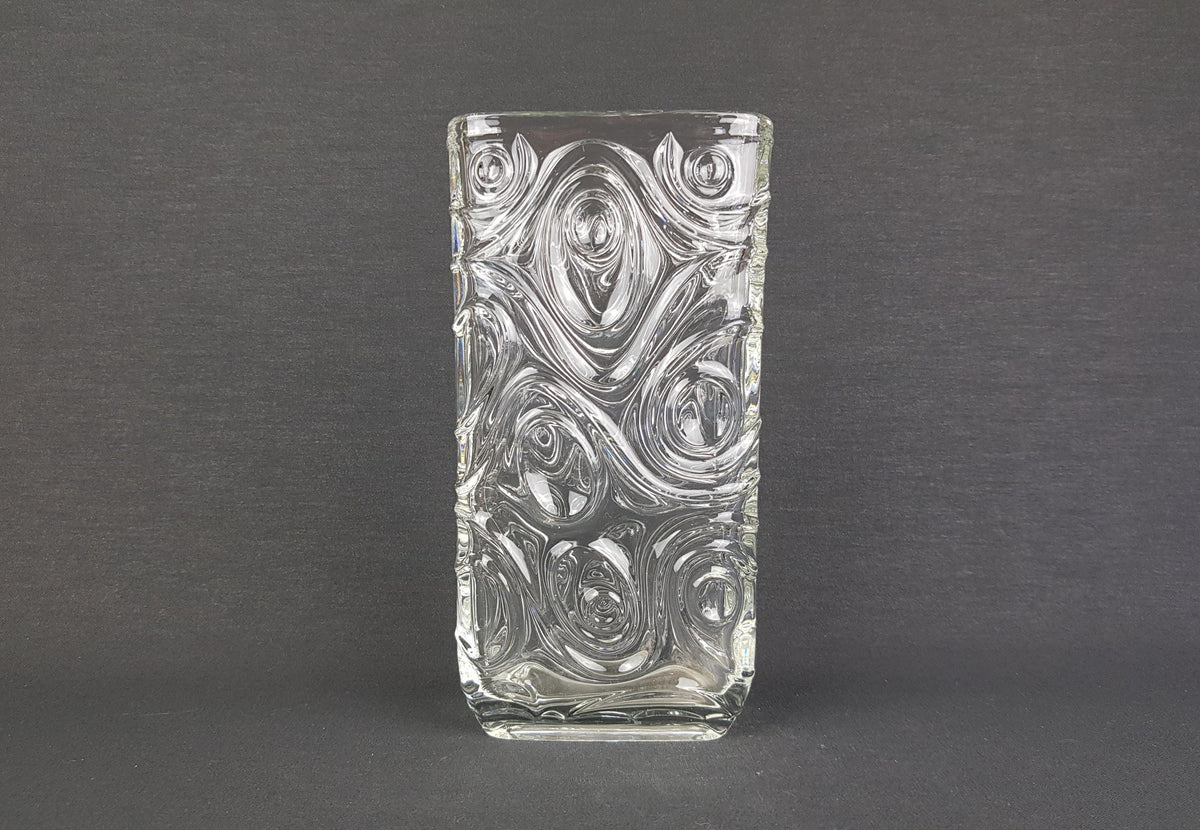 Rare Vintage HERMANOVA HUT Clear Glass Vase With Woodgrain Pattern by Frantisek Peceny SKLO Union from Czech Republic 1968s