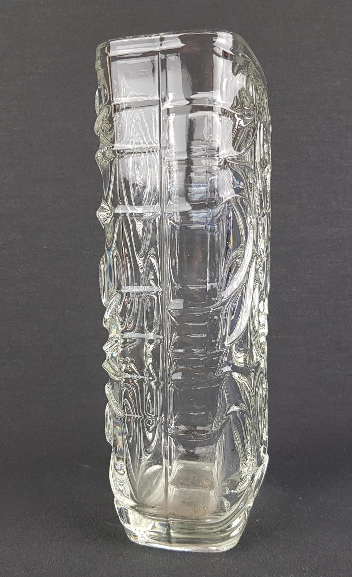 Rare Vintage HERMANOVA HUT Clear Glass Vase With Woodgrain Pattern by Frantisek Peceny SKLO Union from Czech Republic 1968s